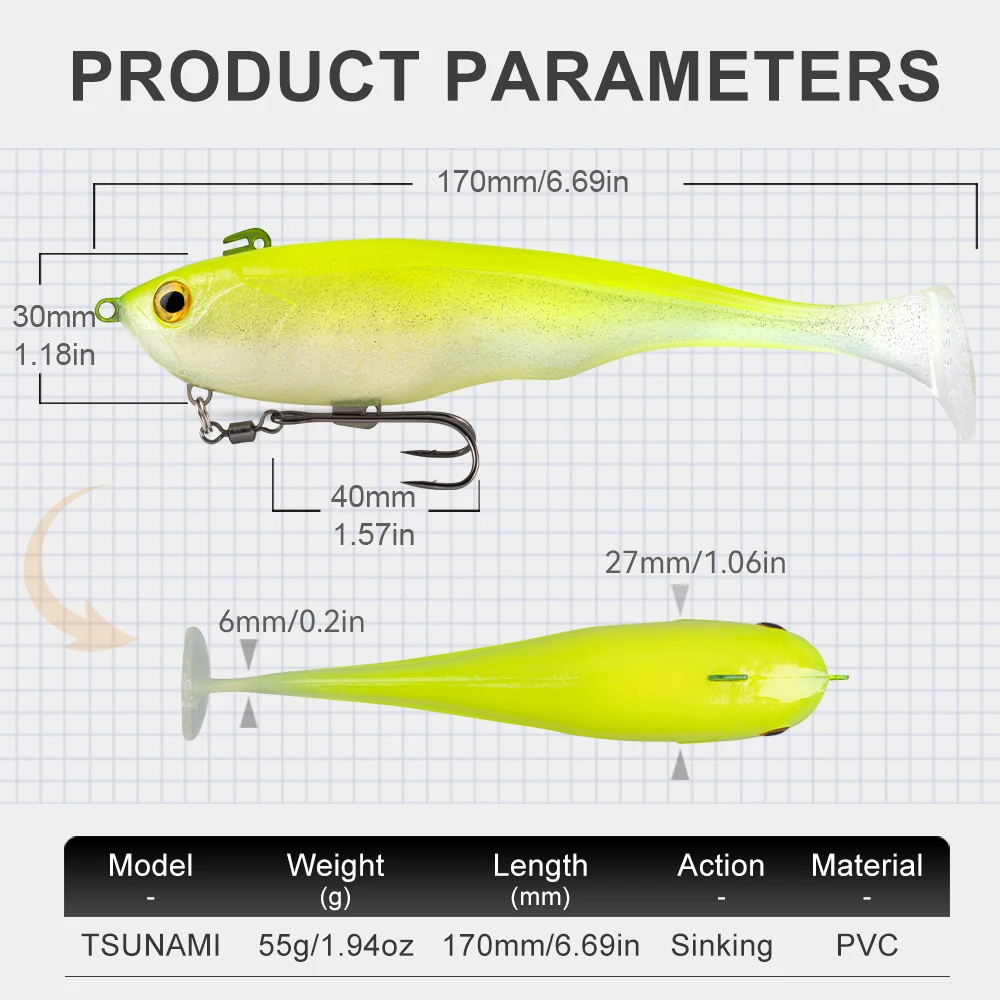Kingdom Tsunami-cebo suave de 170mm y 55g, Material de PVC hundido con doble gancho, señuelo suave Artificial con cola en T para Swimbaits de Lucio - imagen 3