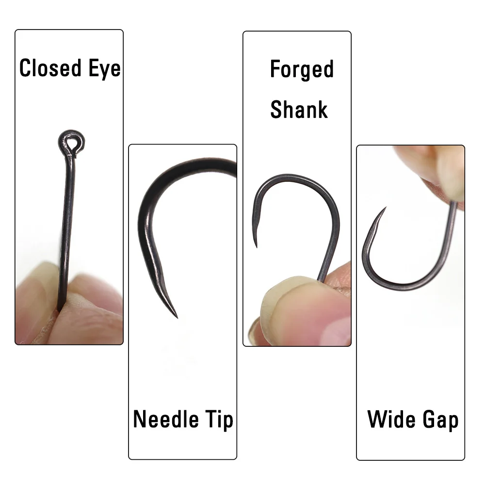 ICERIO 100 Uds. Anzuelo sin púas para pesca de carpa negro mate, ojo doblado, espacio ancho forjado, pelo de carpa fuerte/ganchos de aparejo Chod Zig sin púas - imagen 5