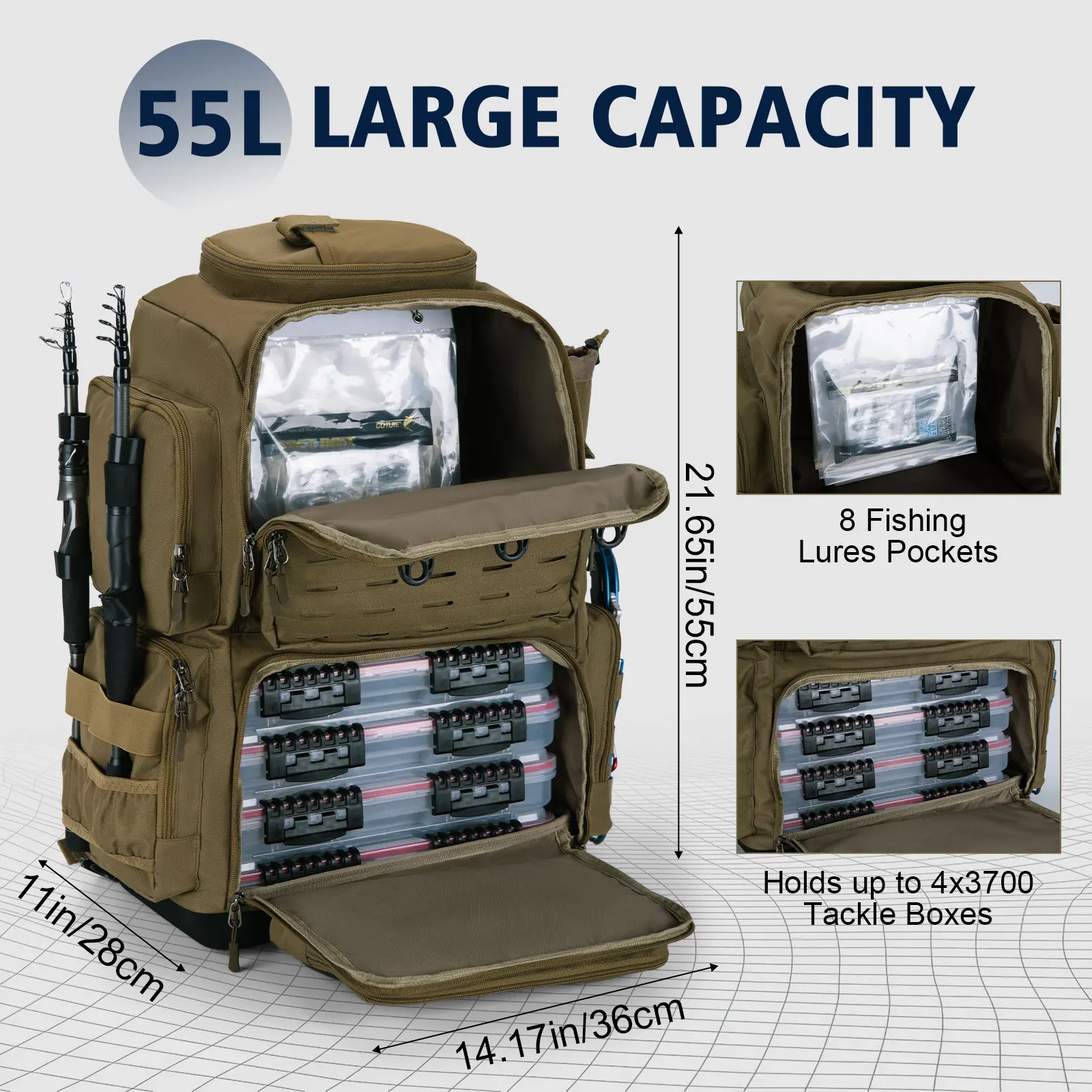 Goture-mochila de pesca multifuncional, bolsa de aparejos con soportes para caña, almacenamiento de equipo de pescado, bolsa para deportes al aire libre y acampada, 55x36x28cm - imagen 3