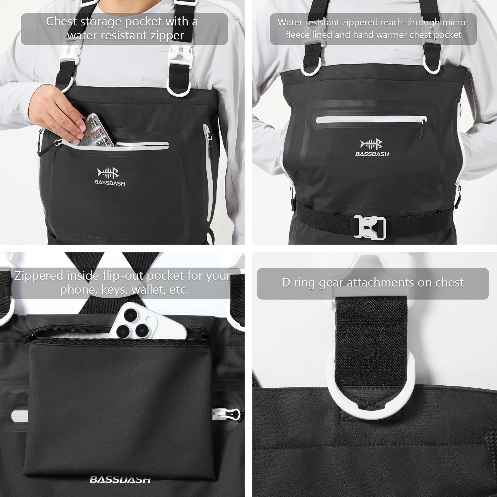 BASSDASH Wader de pecho ligero y transpirable para hombre, pie de media de camuflaje negro para pesca con mosca y caza FW11 - imagen 5