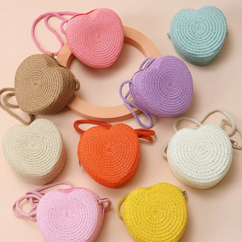 Bolsos de hombro de paja tejidos de alta calidad, bonito bolso cruzado con forma de corazón, monedero ligero de viaje para niños - imagen 2