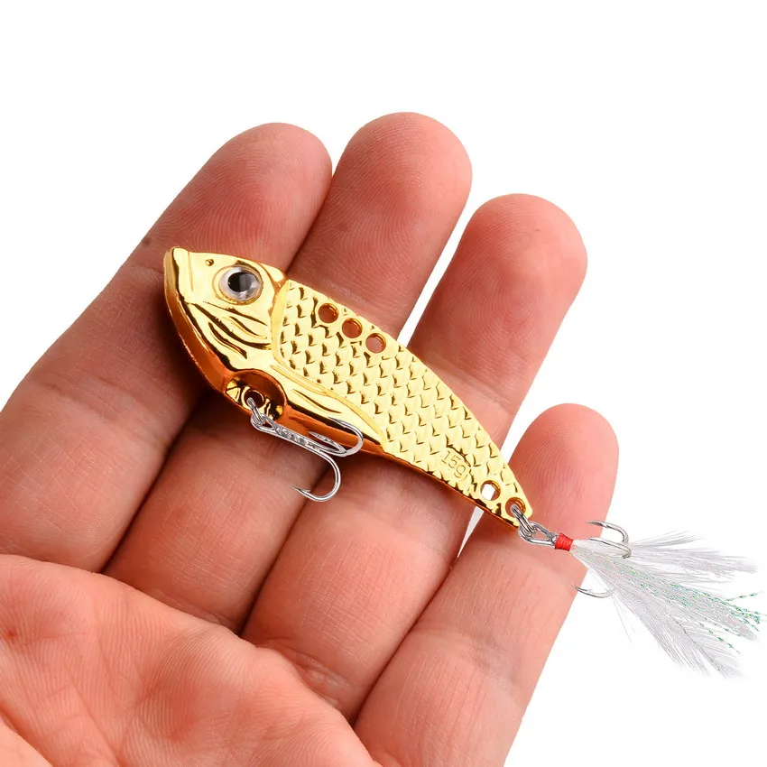 Señuelo de pesca de Metal vib, 1 piezas, cebo duro, 5g -15g, lentejuelas doradas y plateadas de colores, aparejos de gancho triple - imagen 5
