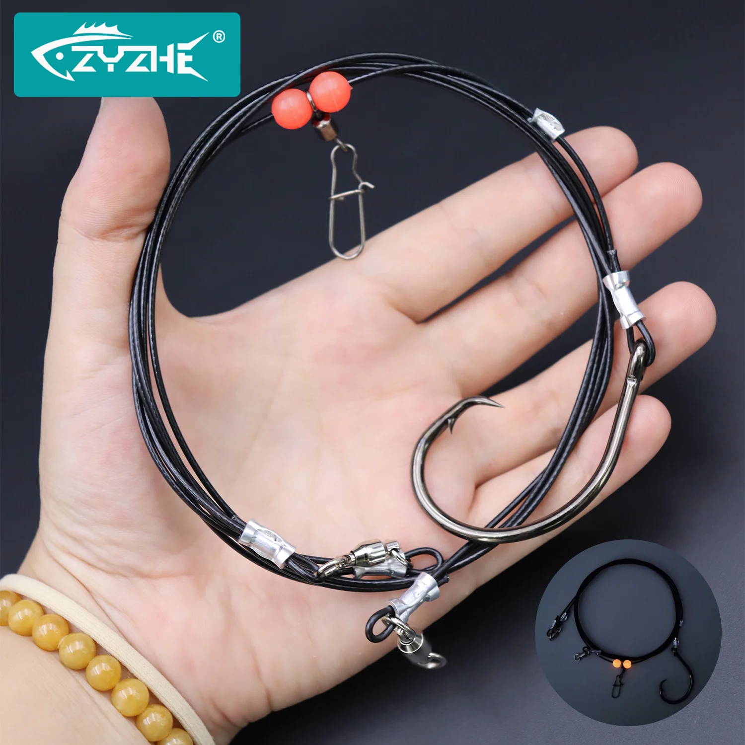 ZYZHE 1 pieza de aparejos de pesca marítima con 49 hebras de alambre de acero 10/0 #   Anzuelos circulares Ideal para pesca en el mar, aparejos de tiburones y atún, anzuelo de cuerda