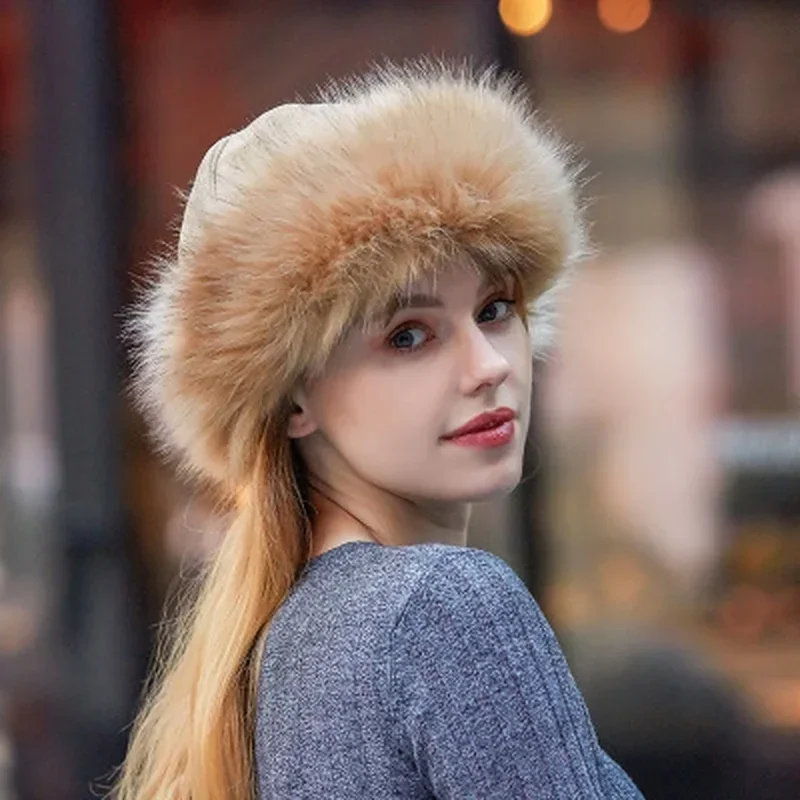 Gorros peludos de invierno cálidos de Color sólido, gorros de moda para mujer, gorros de piel sintética esponjosos, gorro grueso y cálido con orejas para la nieve, accesorios para sombreros a prueba de viento - imagen 5
