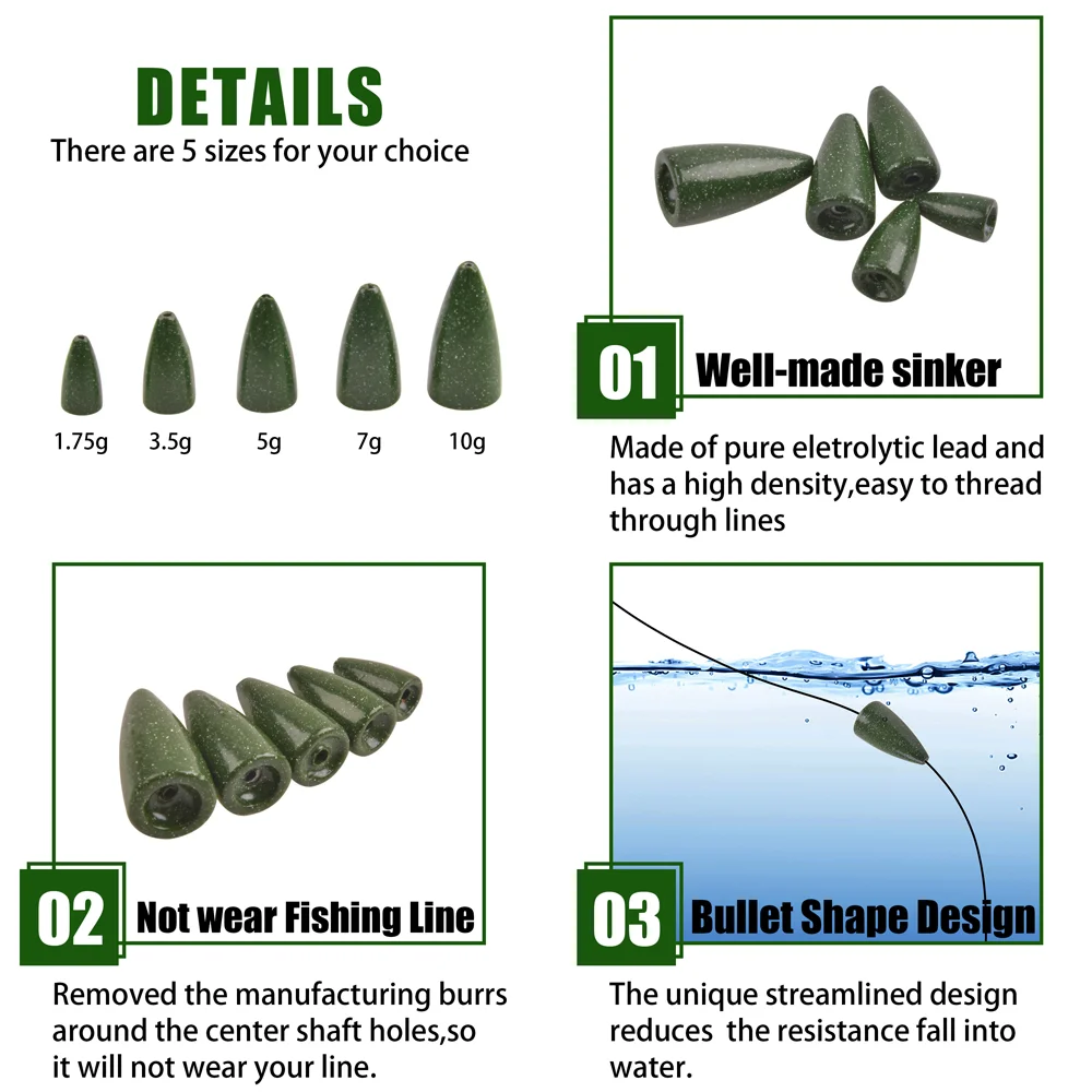 Kit de pesas de gusano para pesca, plomos de plomo, Bullet, accesorios de señuelo, Texas Rig Bass, 88 unids/lote por caja - imagen 3