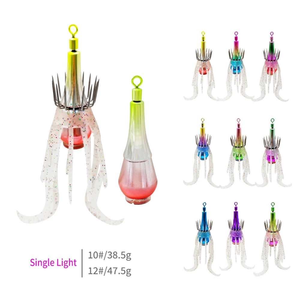 Nuevos anzuelos de pesca de calamar, luces LED, señuelos ligeros de 38,5g/47,5g, anzuelo impermeable, plantilla de calamar, aparejos de pesca de camarones de madera