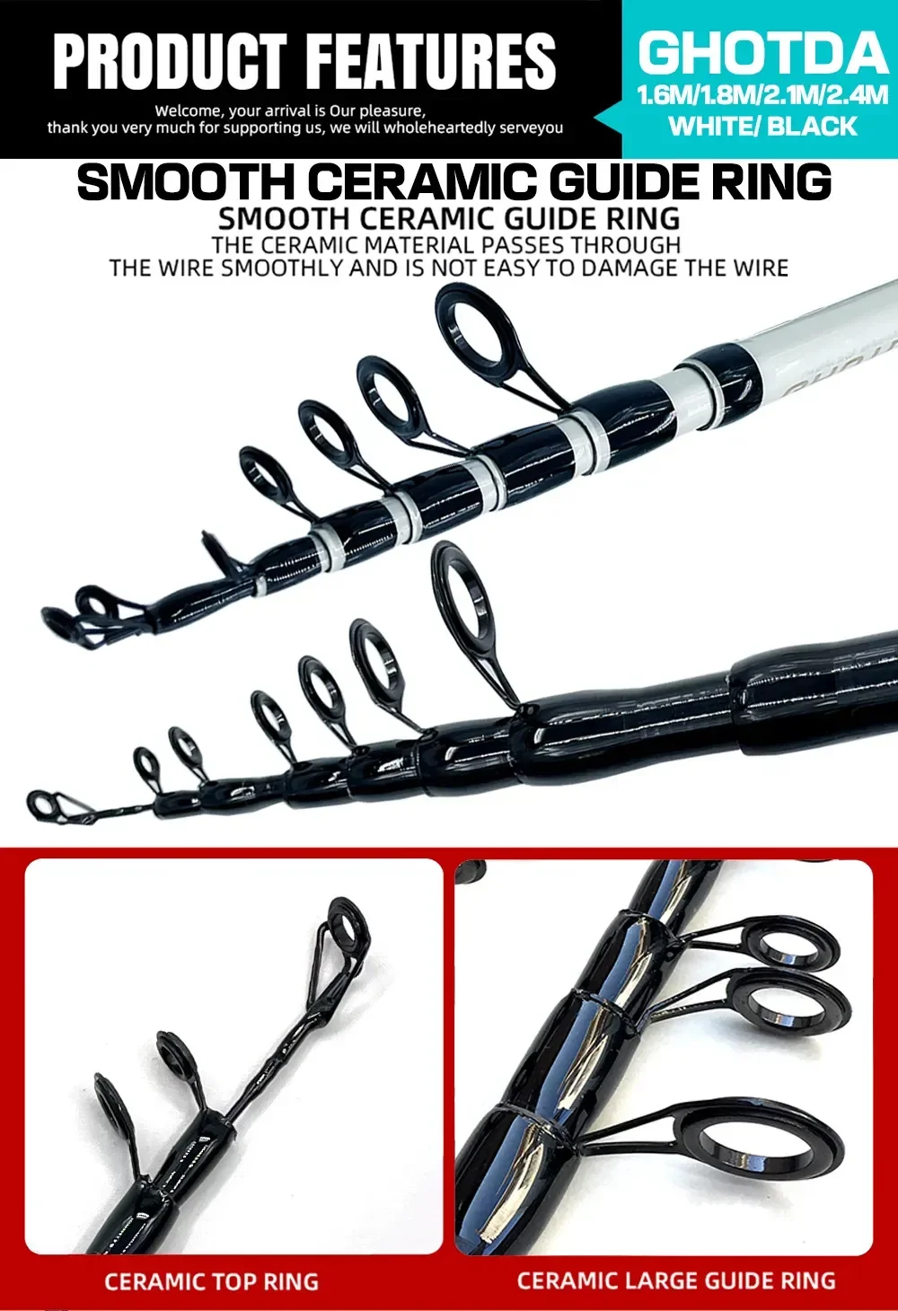 Una página de características del producto para un anillo de guía de cerámica