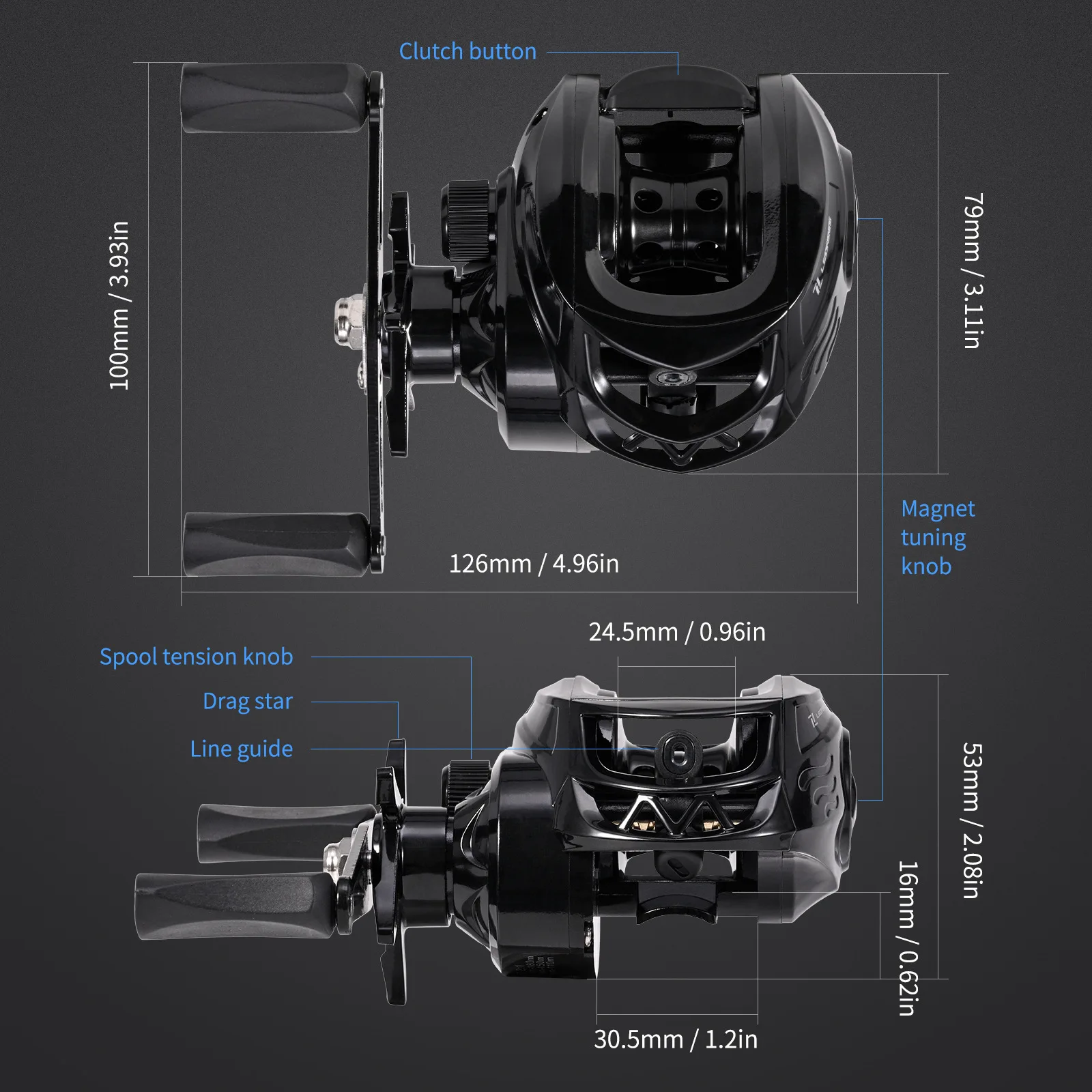 Carrete Baitcaster Negro de Metal – Ligero y Versátil para Pesca - imagen 3