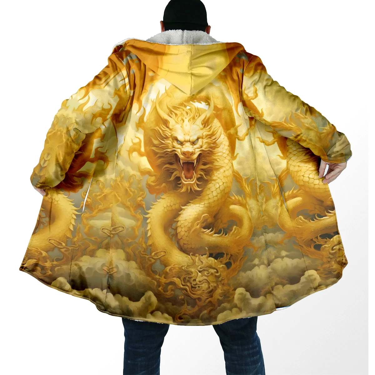 2025 capa de moda de invierno para hombre, capa con capucha de lana gruesa con estampado 3D de dragón Animal, capa cálida informal Unisex DP93 - imagen 4