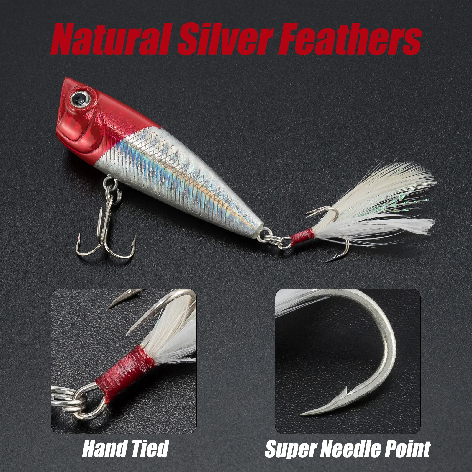 Señuelo Popper Topwater Bass – Anzuelos triples con plumas cola de gallo - imagen 4