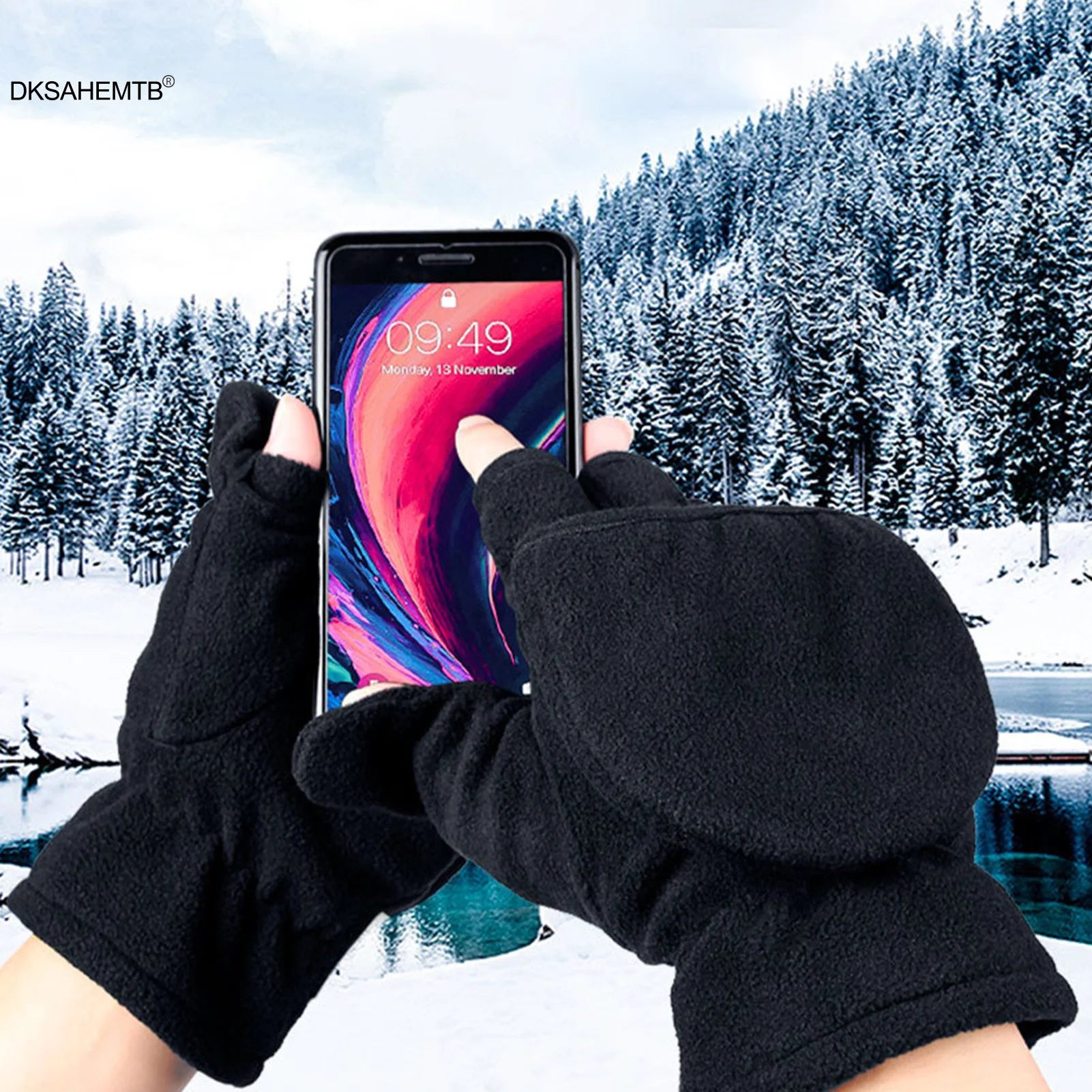 Guantes cálidos de lana para ciclismo, manoplas de felpa gruesas y cálidas para invierno, para ciclismo, esquí, Camping, guantes con pantalla táctil de medio dedo - imagen 3