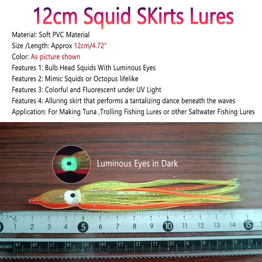 Bimoo, 2 bolsas = 10 Uds., calamares con cabeza de bombilla de 12cm con ojos luminosos, faldas de calamar suaves, señuelos, falda de pulpo, Señuelos de Pesca de agua salada - imagen 2