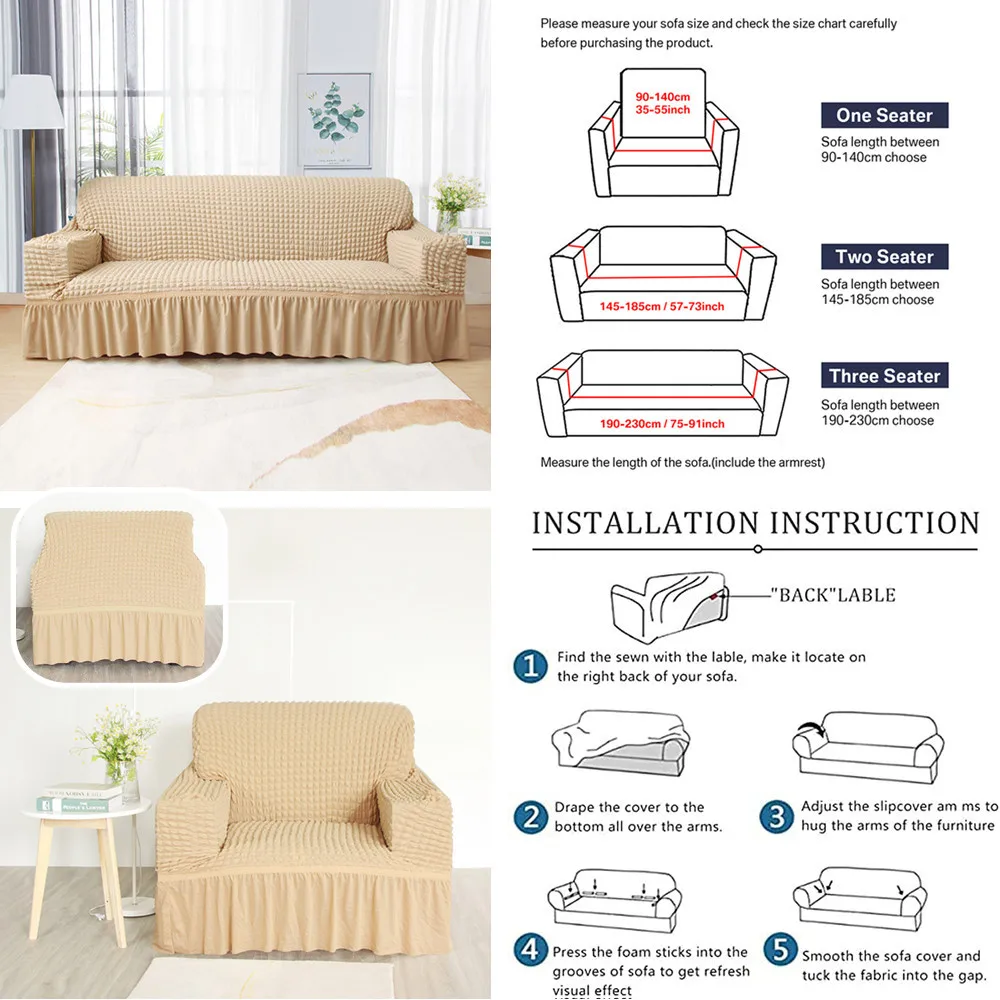 Funda de sofá elástica de Seersucker con falda, suave y gruesa, desmontable, lavable, antideslizante, Protector de muebles de 1, 2, 3 y 4 plazas - imagen 3