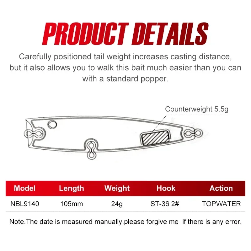Noeby 105mm 24g Topwater Popper Señuelos de Pesca Wobblers cebos duros artificiales de fundición larga Señuelos de Pesca de agua dulce de agua salada - imagen 4