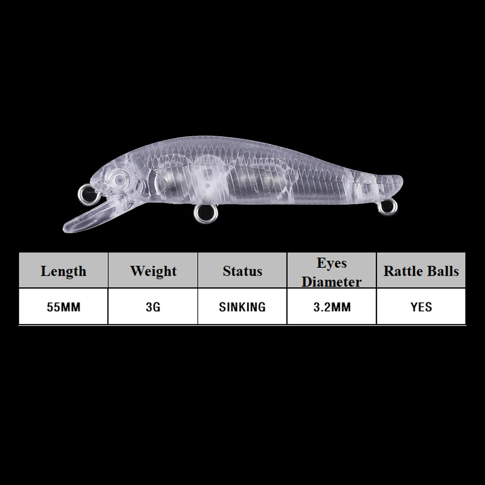 Chan'sHuang 20 piezas cebo en blanco sin pintar 55mm 3g sonajeros que se hunden Mini Minnow DIY hecho a mano señuelo de pesca Artificial aparejos - imagen 3