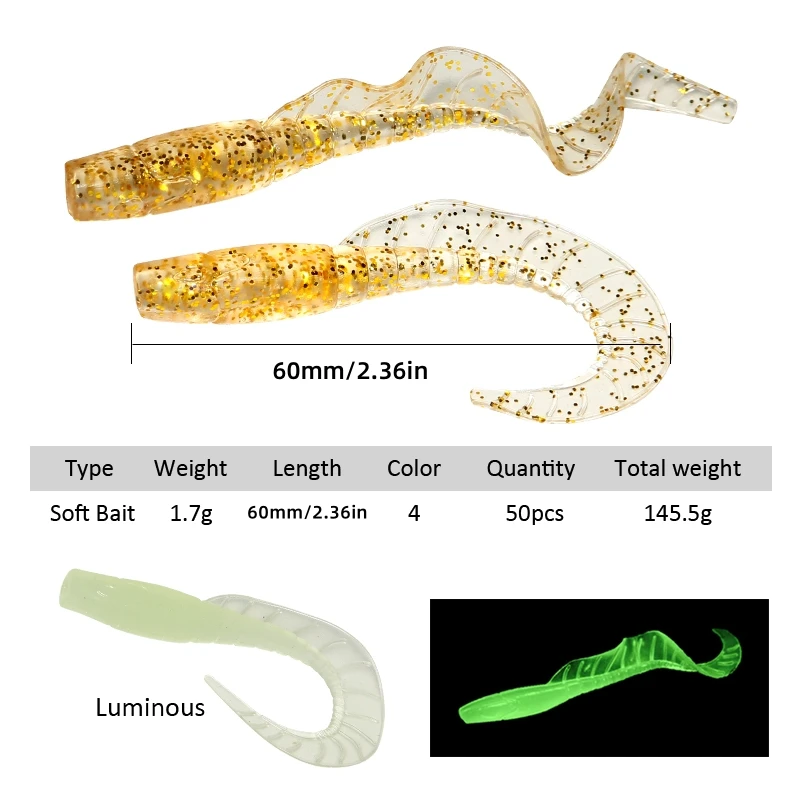 50 Uds. Señuelos de pesca blandos 1,7g/60mm señuelo de gusano con cola en T plantilla de cebo Artificial pequeño Wobblers aparejos de pesca de Lucio - imagen 4