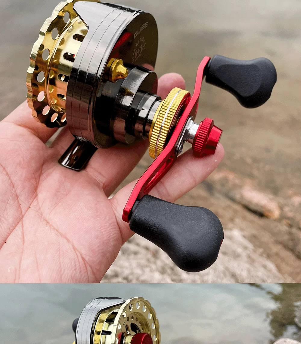 Este carrete de pesca presenta un cuerpo duradero de color dorado y manijas ergonómicas para una experiencia de pesca suave