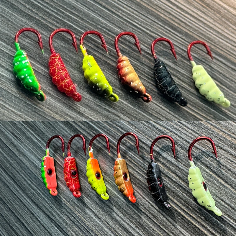 TAKEDO 6 unids/bolsa gusano hielo señuelo de pesca 22MM 1,4G Jig cebo para pesca de invierno plomo Jig cabeza gancho carpa lubina trucha cebo - imagen 3