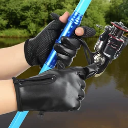 Guantes cálidos de cuero PU para hombre, guantes de invierno con cremallera, guantes de pesca, antideslizantes, resistentes al desgaste, guantes deportivos para pantalla táctil