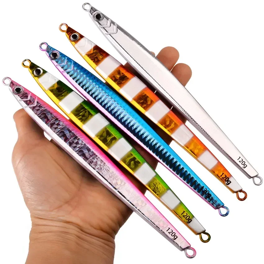 Plantilla de Metal de 5 uds., 60g, 80g, 100g, 120g, cebo Artificial de tierra, cuchara de Jigging de hundimiento rápido, señuelo de pesca, aparejos de agua salada súper duros - imagen 5