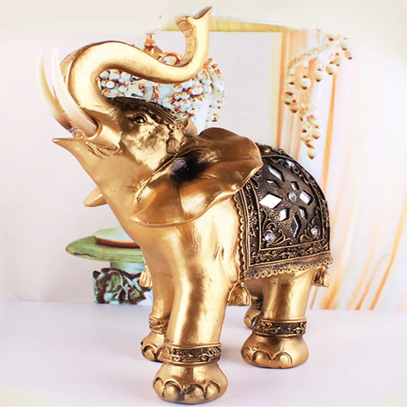 Estatua de elefante de resina dorada, Feng Shui, elegante escultura de tronco de elefante, estatuilla de riqueza de la suerte, adornos artesanales, decoración del hogar, 1 ud. - imagen 3