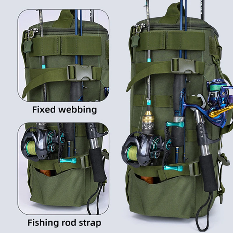 Mochila de pesca táctica, bolsa de aparejos con soportes para caña, almacenamiento de equipo de pescado, Molle, Camping, senderismo, bolsa multifuncional al aire libre - imagen 4