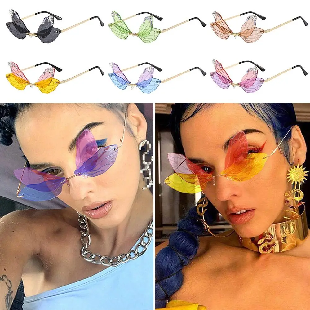 Gafas de sol irregulares sin montura con diamantes para fiesta de disfraces de Halloween, gafas de sol con alas de libélula, tonos ostentosos - imagen 4