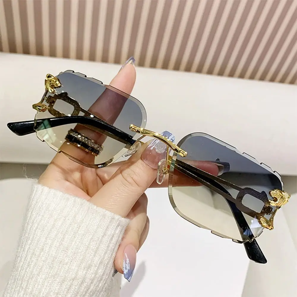 Gafas de sol de borde cortado con patillas de Metal, lentes de sol Vintage, UV400, sin montura, diseño de guepardo, gafas de viaje de verano para mujeres y hombres - imagen 2