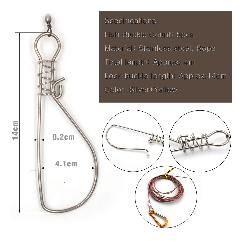 MNFT 1 Juego de 5 broches, hebilla de bloqueo de pesca, aparejos de pesca, accesorios de pesca, cadena de acero inoxidable con flotador, bloqueo de señuelo de peces vivos - imagen 3