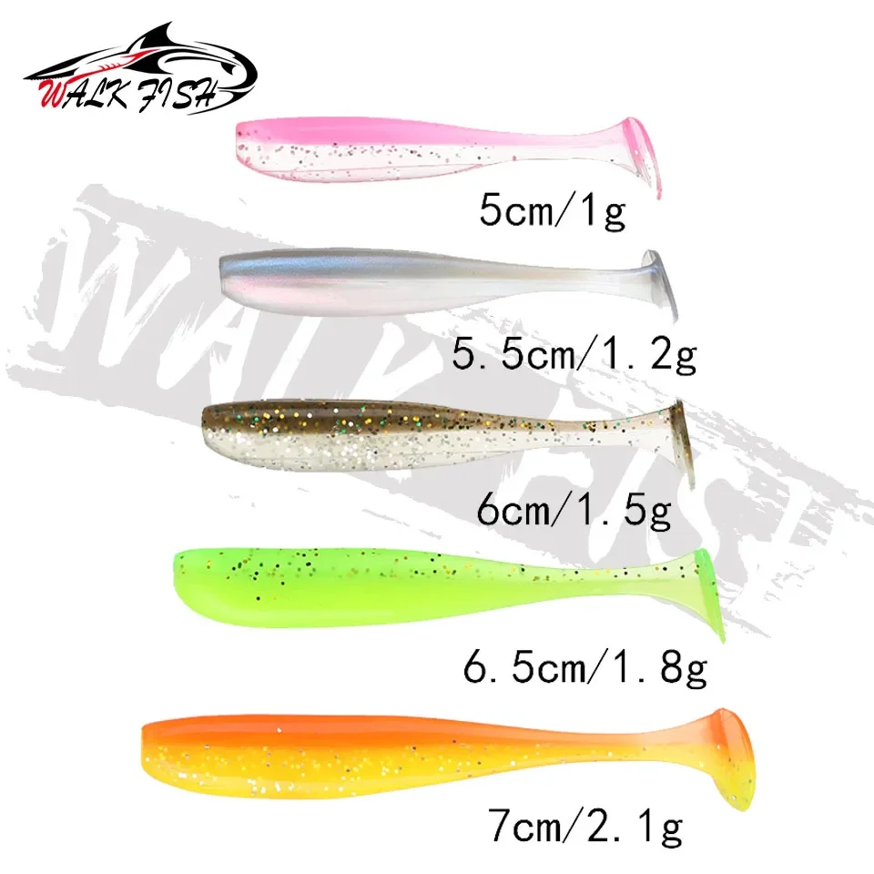 WALK FISH 50 unids/caja 5cm 5,5 cm 6cm 7cm cola en T suave cebos de cola de paleta Wobbler Bass Minnow señuelo sílice Artificial Isca Pesca - imagen 2