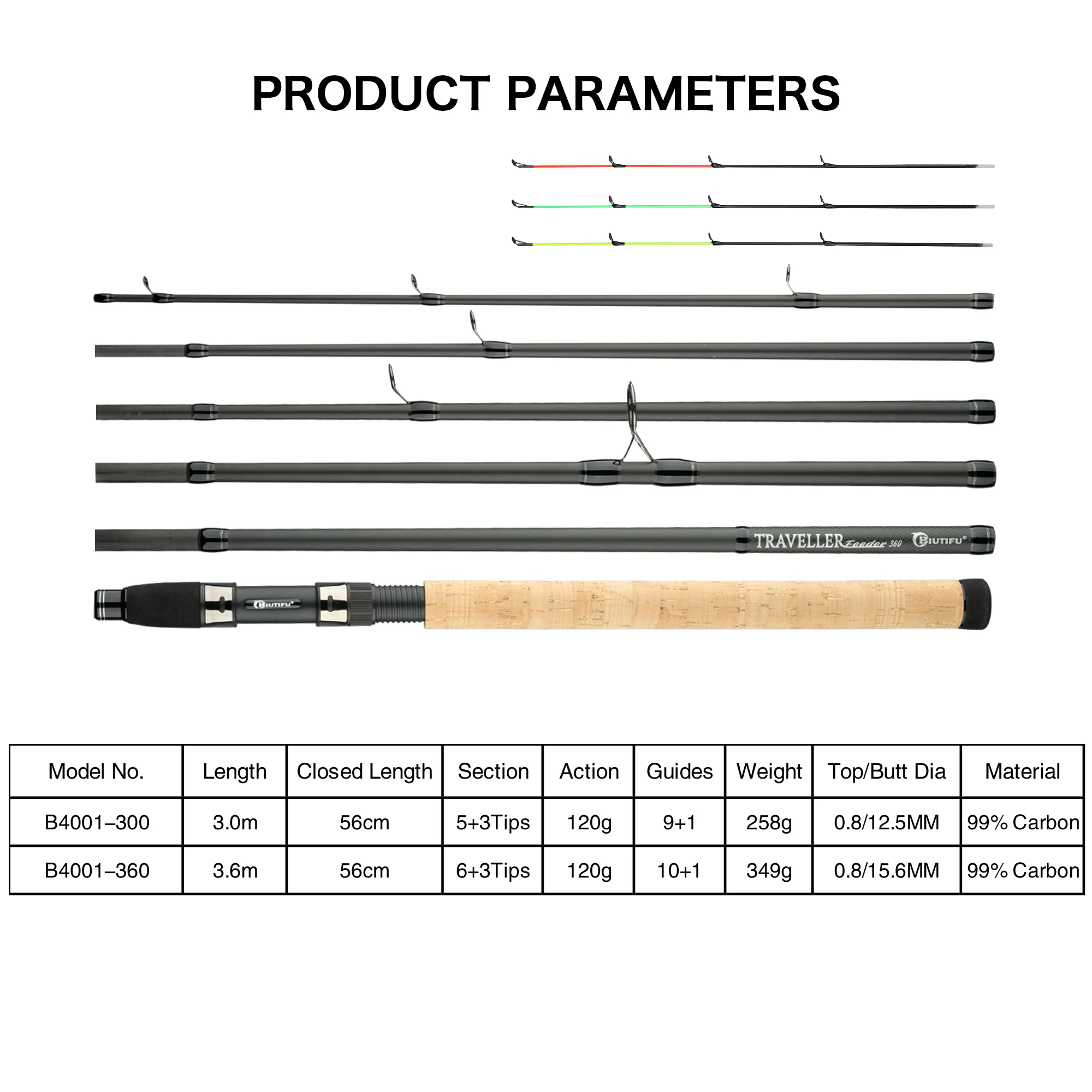 BIUTIFU-cañas de pescar para carpa, alimentador de viajero, 3,0 m, 3,6 m, 3 puntas, peso de fundición, 120g, caña de viaje giratoria de fibra de carbono, mar de agua dulce - imagen 2