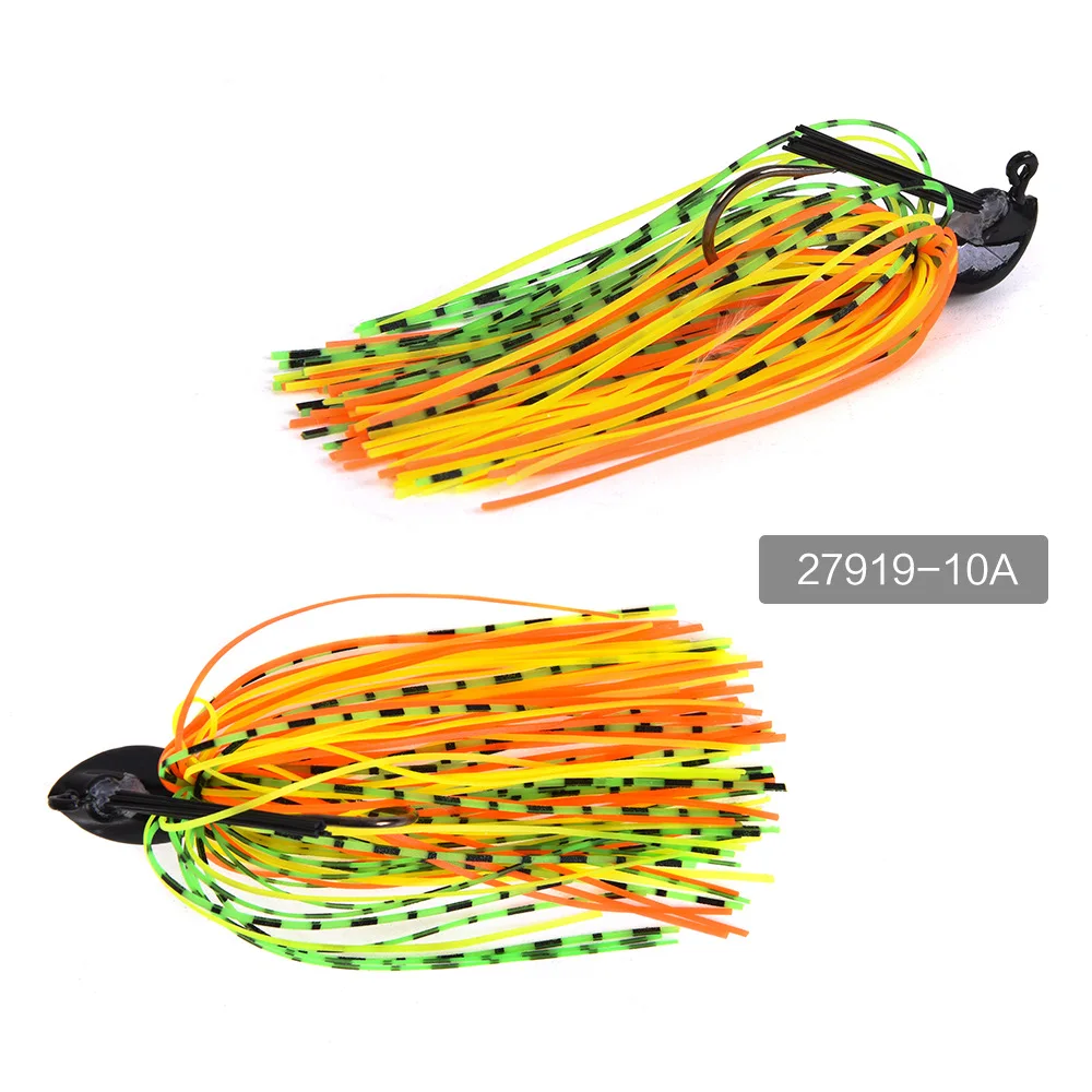 Señuelo de pesca colorido con vibrante amarillo naranja y hilos verdes