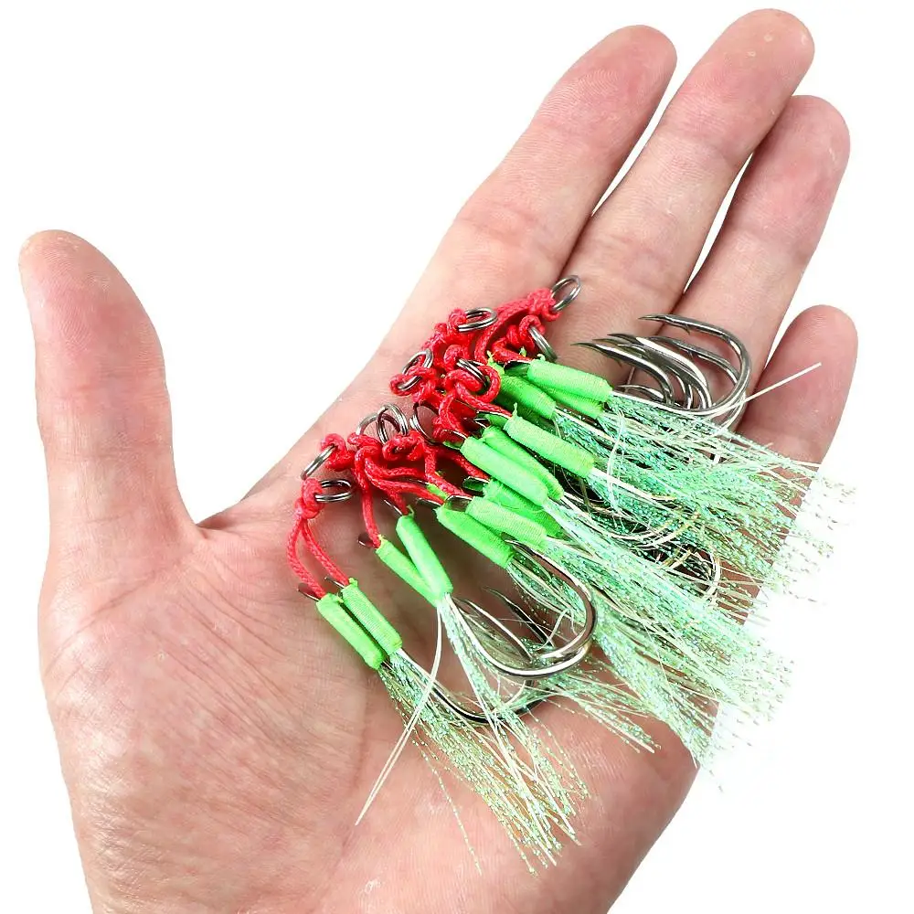 1 anzuelo de pesca luminoso 10 # -20 # Anzuelo de asistencia plantilla señuelo doble gancho lento rápido doble par Jigging Fish jig anzuelos de asistencia - imagen 3