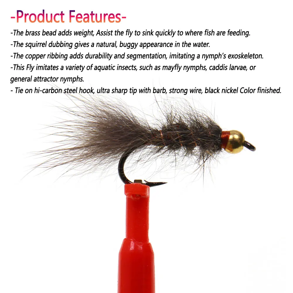 Bimoo 6PCS # 12 # 14 cuentas de latón ardilla ninfa mosca hundimiento rápido alambre de cobre mosca húmeda insecto Artificial cebo trucha mosca Señuelos de pesca - imagen 4
