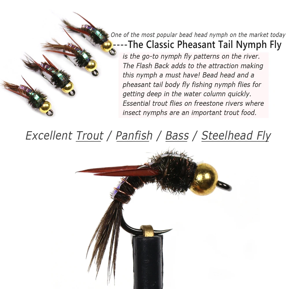 Wifreo-señuelo de pesca con cabeza de perla, 6 piezas, #12, Flashback, cola de faisán, Caddis Nymph, Brasshead, pavo real, Herl, trucha, mosca húmeda, agua dulce - imagen 5
