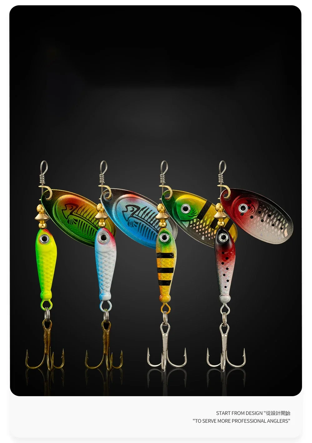 Un grupo de coloridos señuelos de pesca colgando en una pared