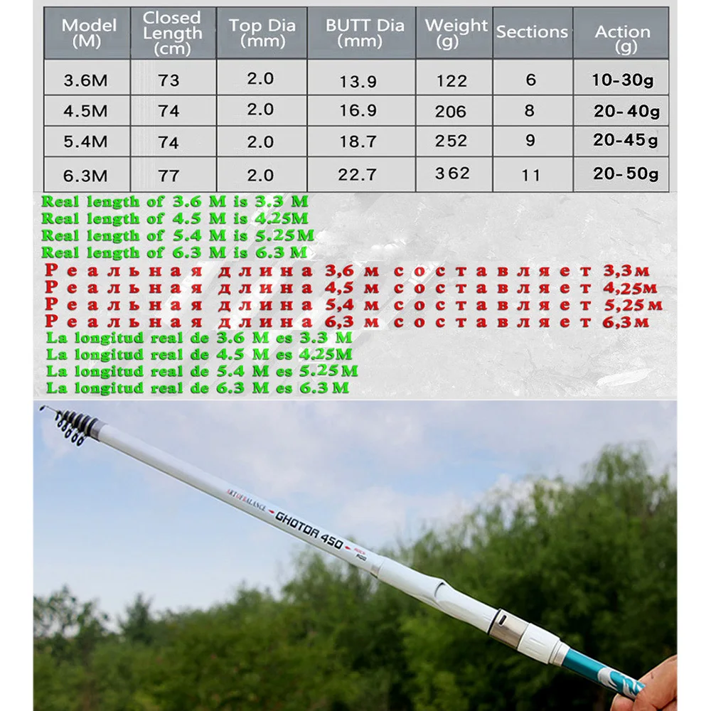 Caña de pescar de fibra de carbono, accesorio ligero de alta calidad, Spinning largo, depósito de carpa de alta velocidad, 3,6 M/4,5 M/5,4 M/6,3 M, 6, 8, 9, 11 nudos - imagen 2