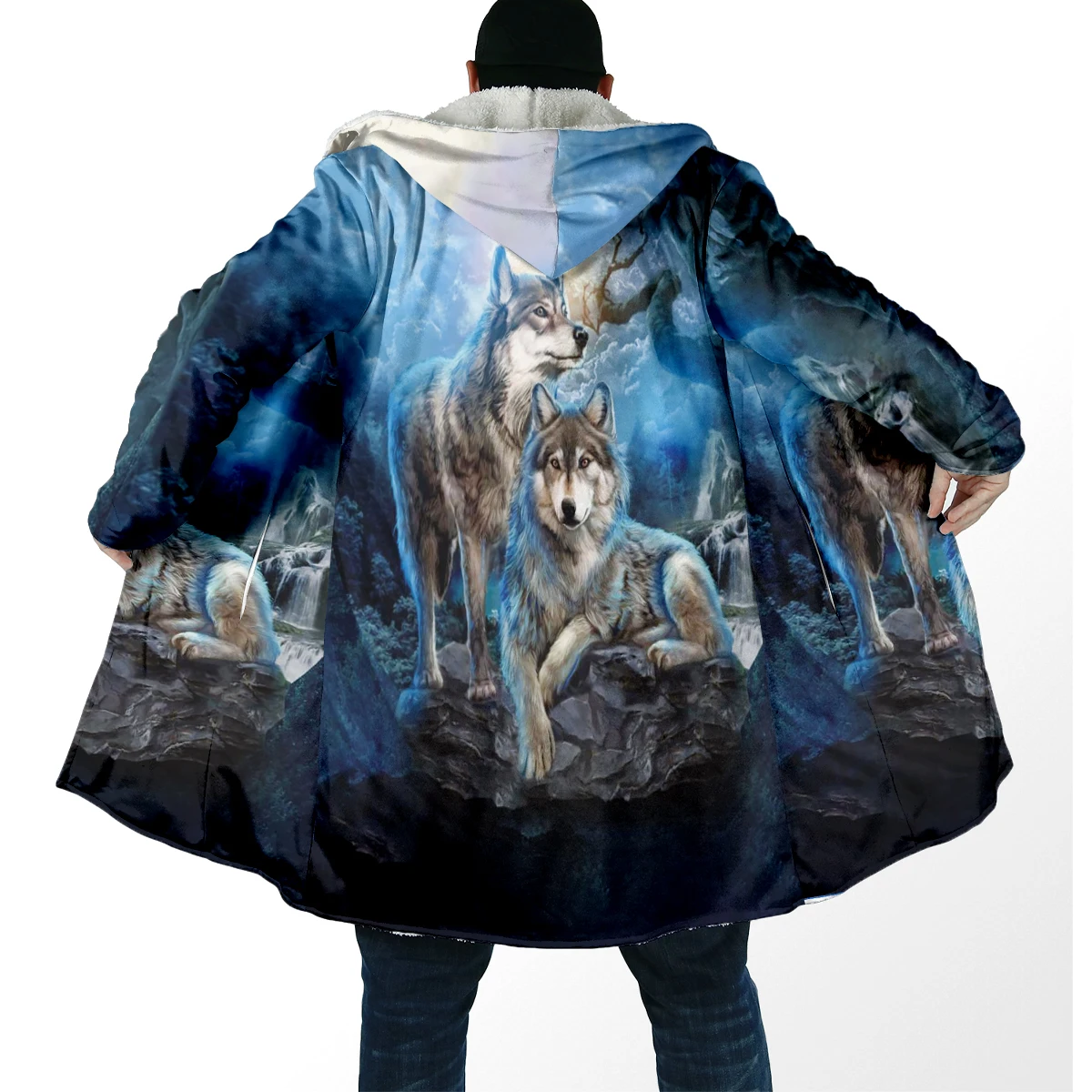 2025 capa de moda de invierno para hombre, capa con capucha de lana gruesa con estampado de animales de lobo nativo en 3D, capa cálida informal Unisex BB106 - imagen 3
