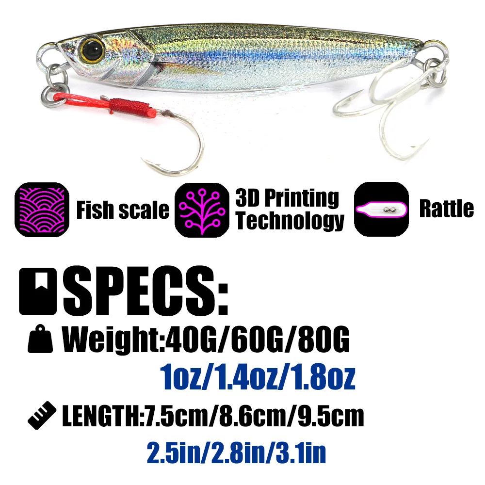 B & U sonajero Jig Señuelos de Pesca de Mar plantilla de Metal 40g 60g 80g señuelo de fundición larga cebo Artificial giratorio con gancho cuchara aparejos de pesca - imagen 2