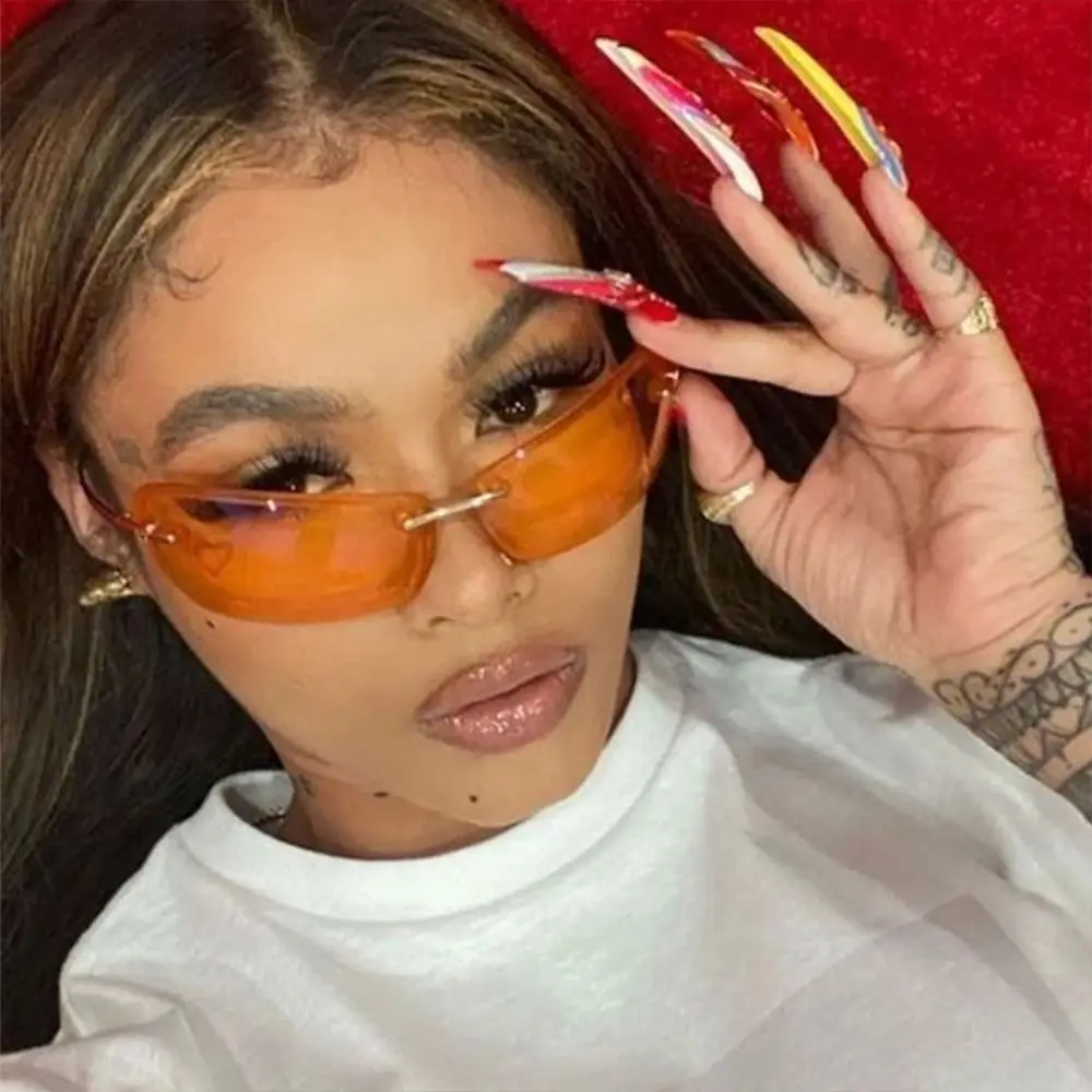 Gafas de sol cuadradas sin montura a la moda, Color caramelo, protección UV Y2K, gafas de sol para mujer, patillas de Metal, tonos futuristas - imagen 3