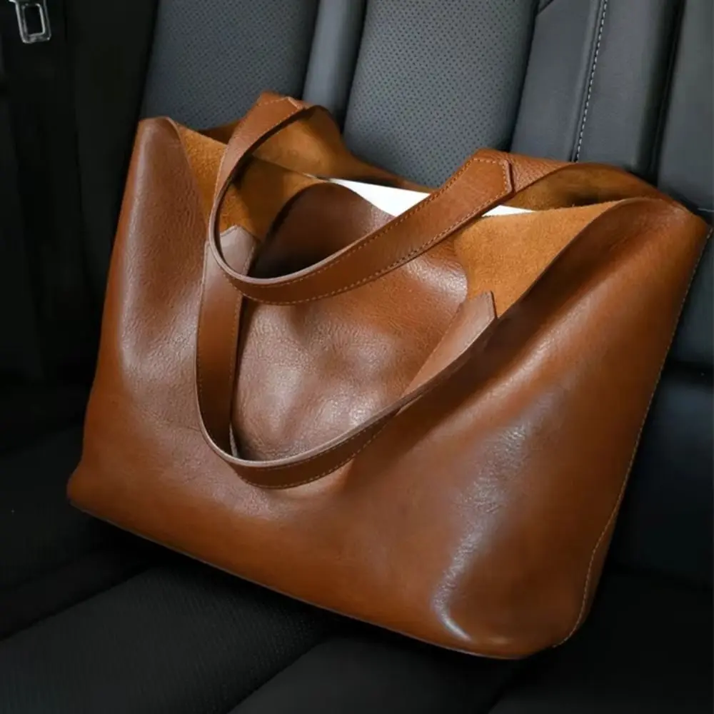 Bolsos de mano marrones de alta calidad para mujer, bolso Retro para tableta y ordenador de gran capacidad, bolso de mano de cuero suave con textura lujosa - imagen 3