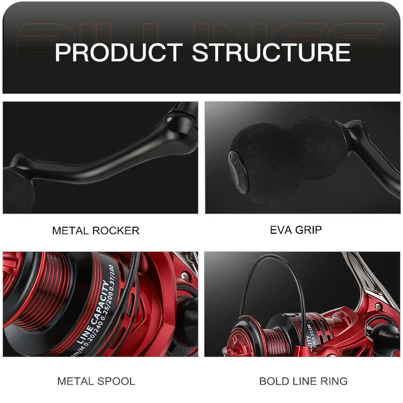 BILLINGS 1000-7000 carrete de pesca giratorio cuerpo de Metal duradero 12KG arrastre máximo 5,2: 1 carrete de agua dulce salada accesorios de pesca - imagen 5