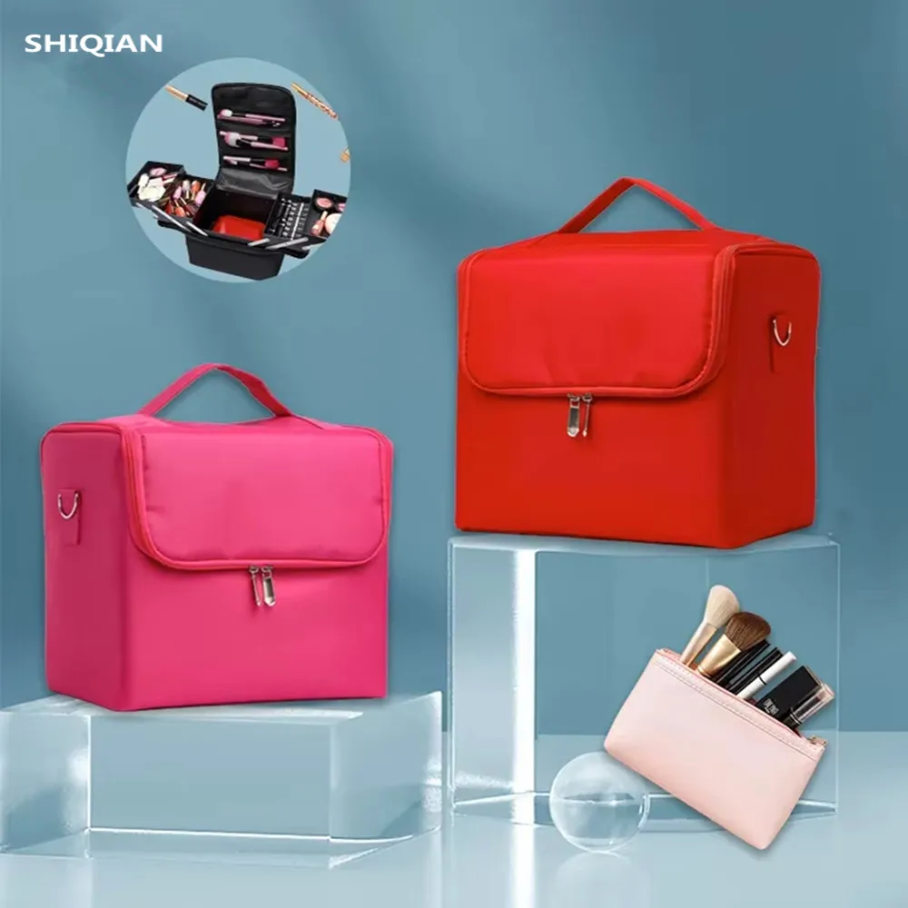 Estuche de tren de transporte de maquillaje grande para mujer, caja de almacenamiento de bolsa de viaje, estuche organizador de uñas profesional de 4 niveles con ajustable