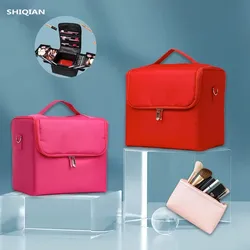 Estuche de tren de transporte de maquillaje grande para mujer, caja de almacenamiento de bolsa de viaje, estuche organizador de uñas profesional de 4 niveles con ajustable