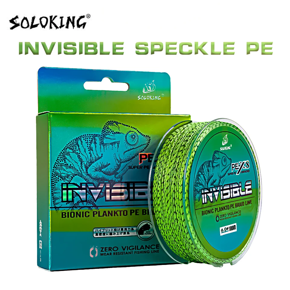 Línea de pesca de PE trenzada SOLOKING de 100M, línea de pesca manchada de PE de 8 hebras, línea de pesca antiabrasión multifilamento súper fuerte