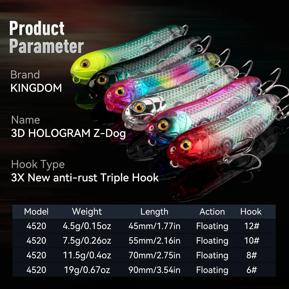 Kingdom Z-Dog-señuelo de pesca con holograma 3D, 4,5g, 7,5g, 11,5g, 19g, cebos duros flotantes artificiales, señuelos de superficie de pececillo tipo lápiz - imagen 3