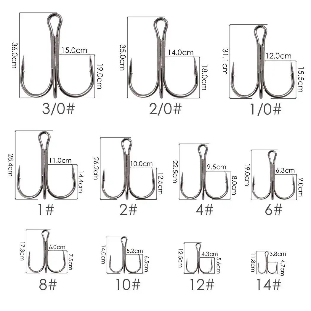Anzuelo de pesca de acero con alto contenido de carbono, anzuelos triples volteados, aparejos de pesca de curva redonda, agudos para lubina, unids/lote 10/caja, 10 # - 3/0 # - imagen 3