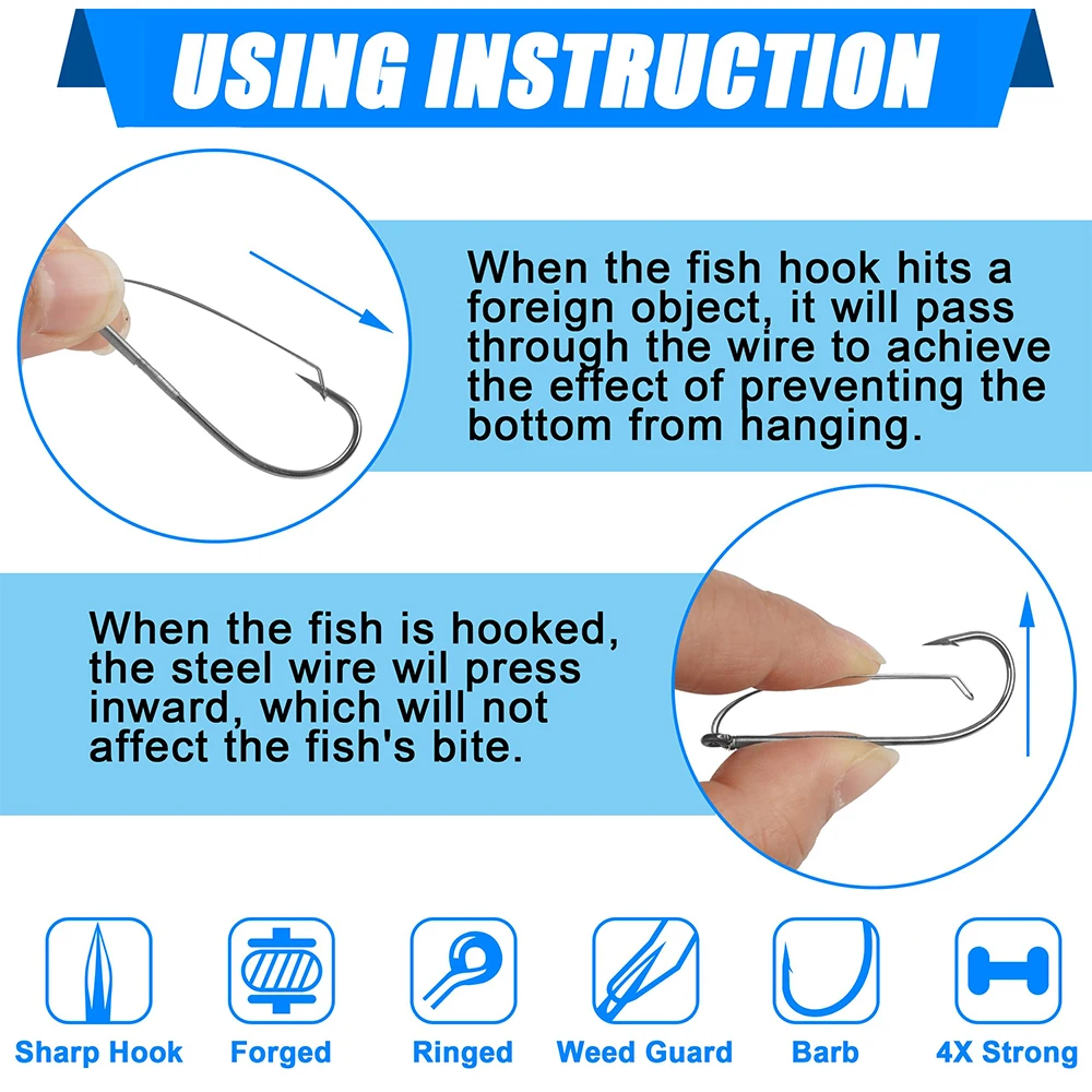 50 Uds. Anzuelos de aparejo loco sin malezas, Kit de anzuelos de pesca de lubina, anzuelos de gusano de espacio ancho de acero rico en carbono para aparejos locos, cebos blandos - imagen 4