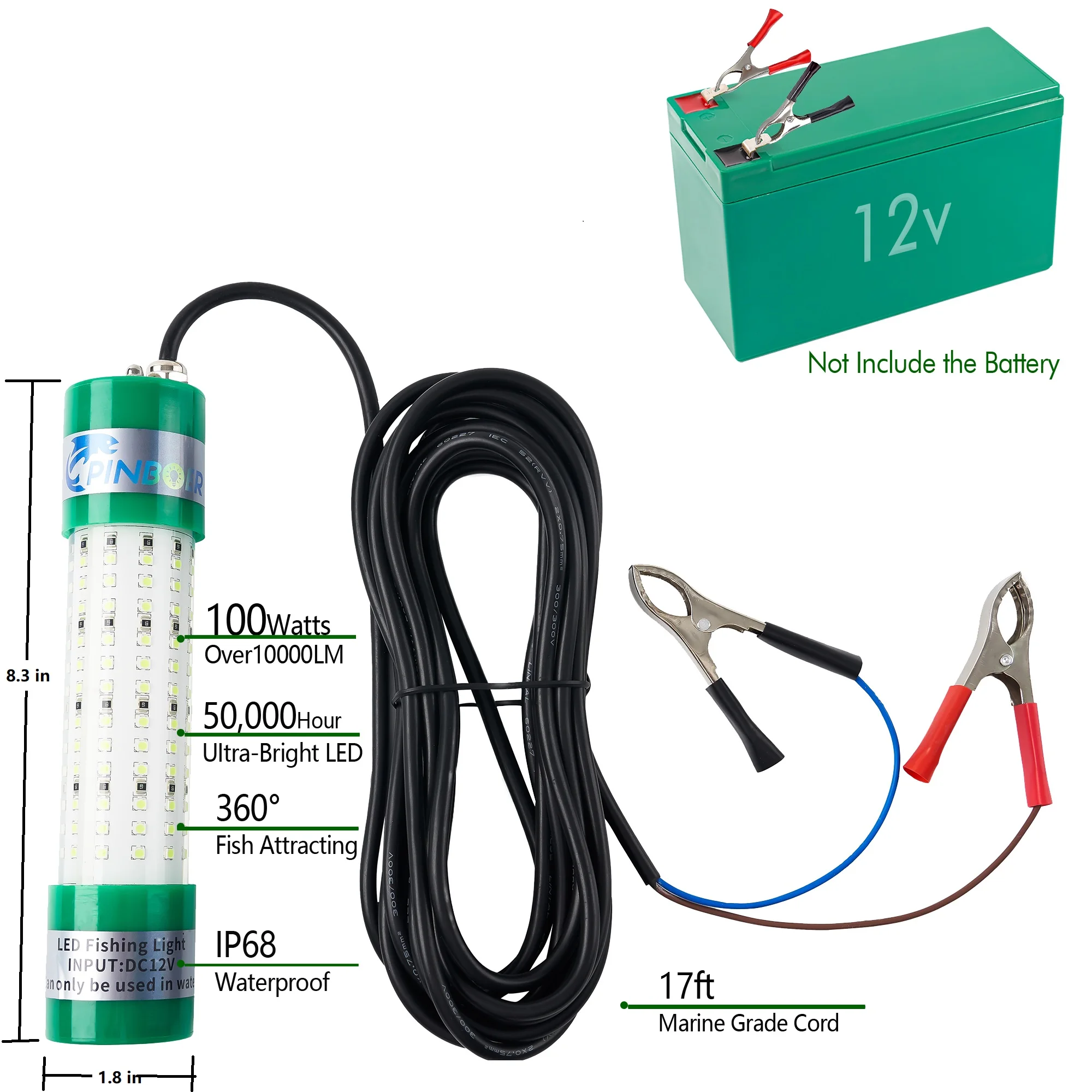 Pinboer-luz de pesca sumergible, 100W, DC12V, 10000LM, verde, blanco, bajo el agua, LED de alta potencia, señuelo, cebo y lámpara buscador, atractivo - imagen 3