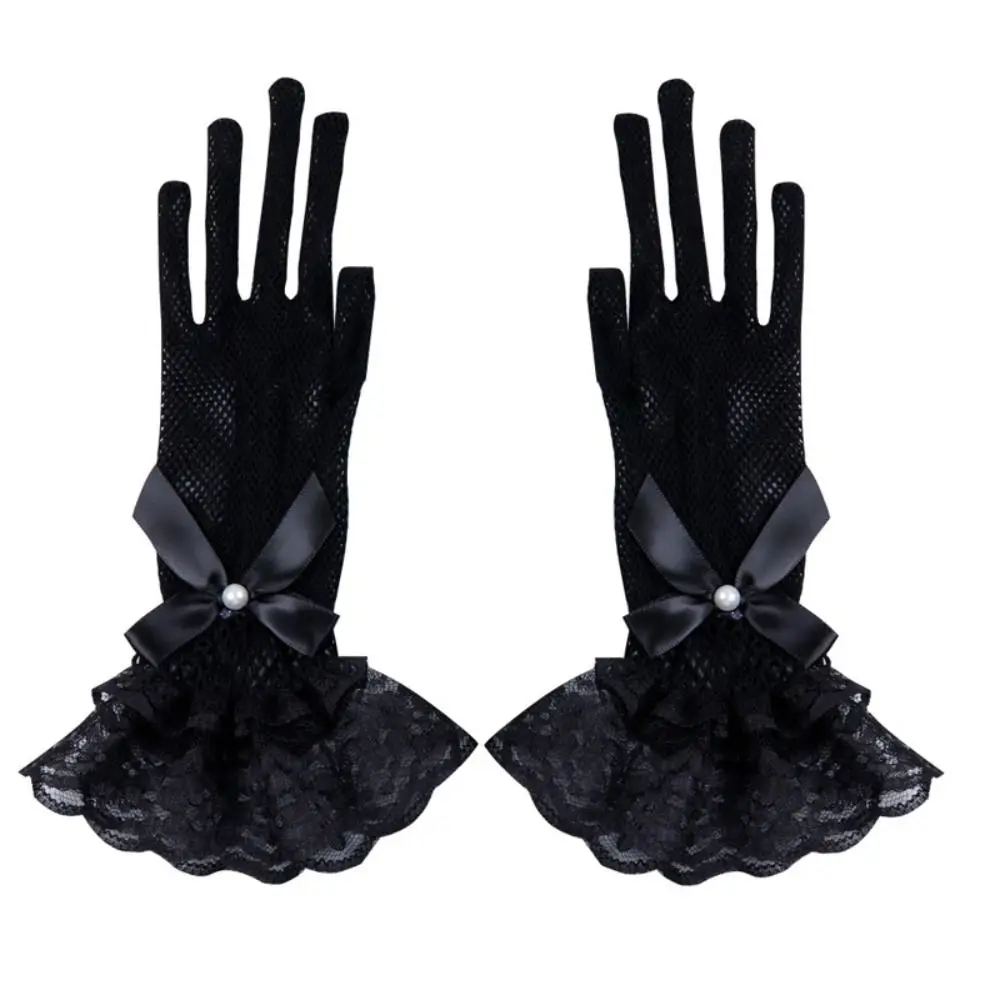 1 par de guantes elásticos de encaje de rejilla para novia, pajarita hueca, guantes de malla de encaje, guantes de perlas de cinco dedos con encaje para boda